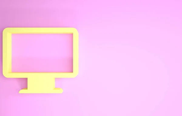 Gele Computer monitor scherm pictogram geïsoleerd op roze achtergrond. Elektronisch apparaat. Vooraanzicht. Minimalisme concept. 3d illustratie 3D renderen — Stockfoto