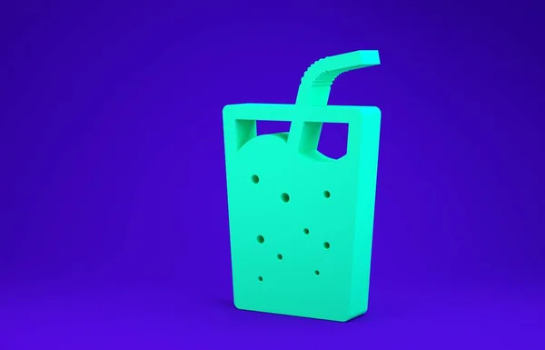 Зелене скло з піктограмою води ізольовано на синьому фоні. Сода п'є склянку з питною соломою. Свіжий символ холодного напою. Концепція мінімалізму. 3D ілюстрація 3D рендеринга — стокове фото