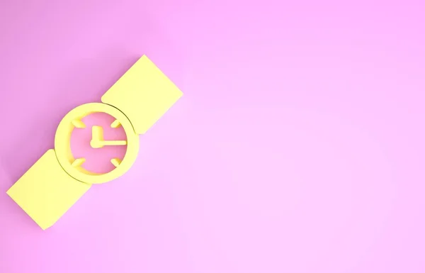 Жовтий Наручний годинник значок ізольовано на рожевому фоні. Піктограма наручного годинника. Концепція мінімалізму. 3D ілюстрація 3D рендеринга — стокове фото