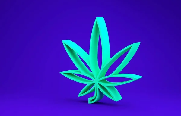 Icône de marijuana médicale verte ou feuille de cannabis isolée sur fond bleu. Symbole de chanvre. Concept de minimalisme. Illustration 3D rendu 3D — Photo