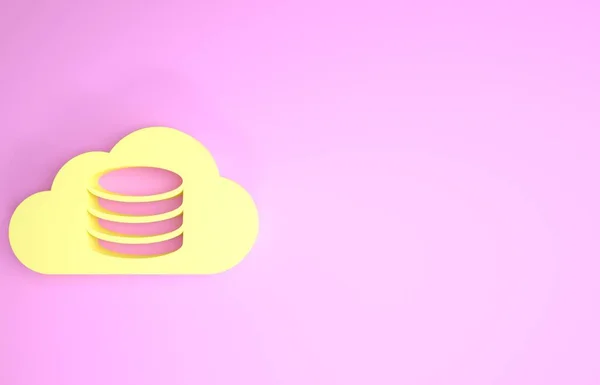 Icono de base de datos Yellow Cloud aislado sobre fondo rosa. Concepto de computación en nube. Servicio digital o aplicación con transferencia de datos. Concepto minimalista. 3D ilustración 3D render — Foto de Stock