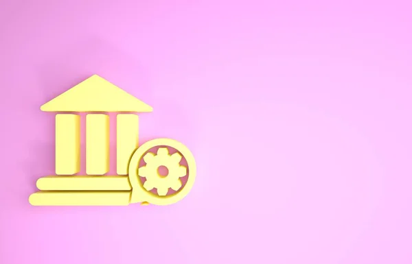 Budynek Żółty Bank i ikona biegu na różowym tle. Regulacja aplikacji, koncepcja usługi, opcje ustawień, konserwacja, naprawa, naprawa. Koncepcja minimalizmu. Ilustracja 3d — Zdjęcie stockowe
