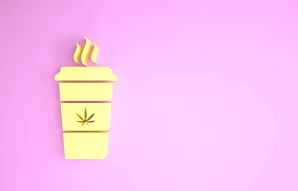 ピンクの背景に隔離されたマリファナや大麻の葉のアイコンを持つイエローカップコーヒー。マリファナ合法化。ヘンプ記号。最小限の概念。3Dイラスト3Dレンダリング — ストック写真