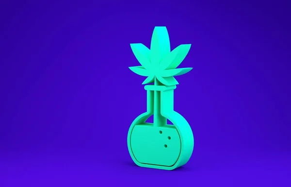 Зелена хімічна пробірка з іконою листя марихуани або канабісу ізольована на синьому фоні. Дослідницька концепція. Концепція лабораторної нафти CBD. Концепція мінімалізму. 3D ілюстрація 3D рендеринга — стокове фото