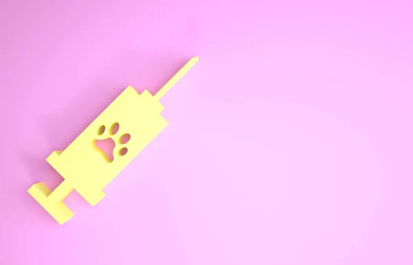 黄色注射器与宠物疫苗图标分离的粉红色背景。 狗爪或猫爪印。 最低纲领的概念。 3d说明3d — 图库照片