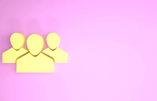 Icône de groupe Utilisateurs jaune isolée sur fond rose. Icône Groupe de personnes. Symbole avatar d'entreprise - icône de profil des utilisateurs. Concept de minimalisme. Illustration 3D rendu 3D — Photo