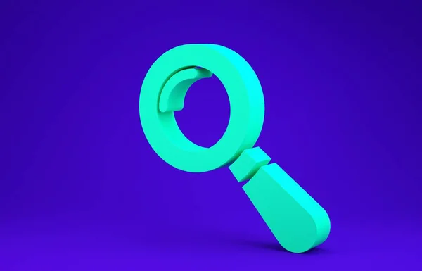 Зелений магічний скляний значок ізольований на синьому фоні. Пошук, фокус, масштаб, діловий символ. Концепція мінімалізму. 3D ілюстрація 3D рендеринга — стокове фото