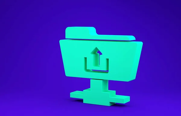 Значок загрузки зеленой папки FTP выделен на синем фоне. Обновление программного обеспечения, протокол передачи, маршрутизатор, управление инструментами командной работы, копирование процесса. Концепция минимализма. 3D-рендеринг — стоковое фото
