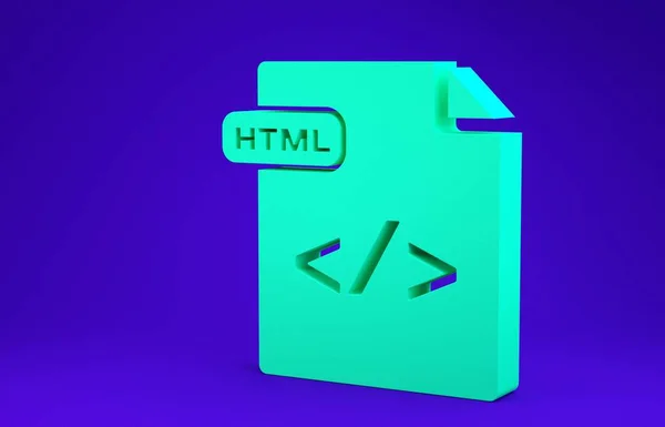Documento de archivo HTML verde. Descargar icono del botón html aislado sobre fondo azul. Símbolo archivo HTML. Símbolo de lenguaje de marcado. Concepto minimalista. 3D ilustración 3D render —  Fotos de Stock