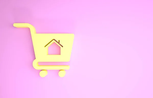 Gelber Einkaufswagen mit Haussymbol auf rosa Hintergrund. Hauskauf-Konzept. Eigenheimkredit-Konzept, Miete, Kauf einer Immobilie. Minimalismus-Konzept. 3D Illustration 3D Renderer — Stockfoto