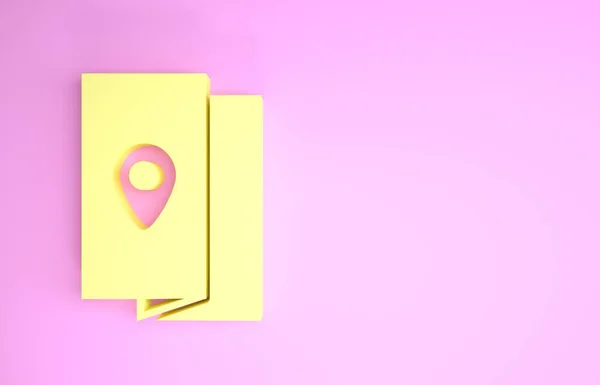 Gul omslag bok reseguide ikon isolerad på rosa bakgrund. Minimalistiskt koncept. 3D-illustration 3D-återgivning — Stockfoto