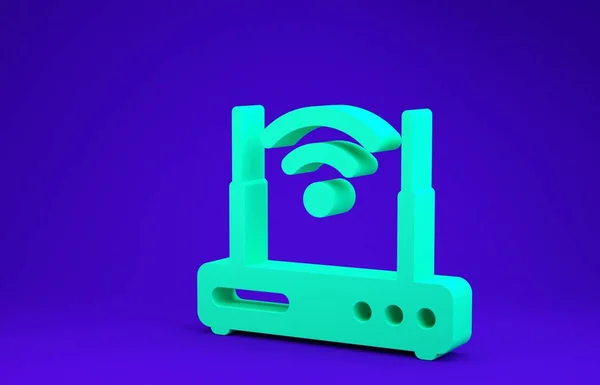 Zielony router i ikona sygnału Wi-Fi izolowana na niebieskim tle. Bezprzewodowy router modemu ethernetowego. Internet technologii komputerowych. Koncepcja minimalizmu. Ilustracja 3d — Zdjęcie stockowe