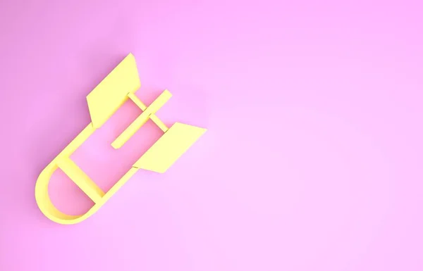 Ícone de bomba Amarelo Aviação isolado no fundo rosa. Uma bomba voa para baixo. Conceito de minimalismo. 3D ilustração 3D render — Fotografia de Stock