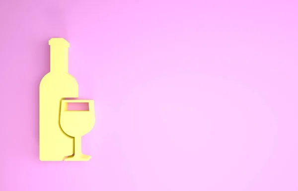 Κίτρινο μπουκάλι κρασί με ποτήρι κρασί εικονίδιο απομονώνονται σε ροζ φόντο. Μινιμαλιστική έννοια. 3D απεικόνιση 3d καθιστούν — Φωτογραφία Αρχείου