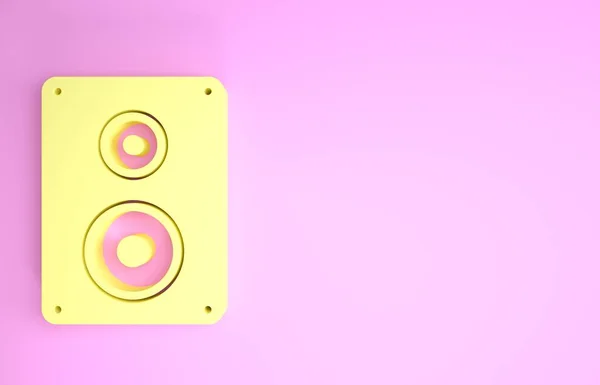 Sárga sztereó hangszóró ikon elszigetelt rózsaszín háttérrel. Hangosbeszélők. Zenei ikon. Zenei oszlop hangszóró basszus berendezések. Minimalizmus koncepció. 3d illusztráció 3D render — Stock Fotó