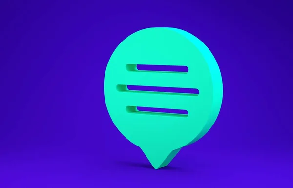 Ікона зеленого мовного бульбашки ізольована на синьому фоні. Ікона повідомлення. Символ розмови та коментарів. Концепція мінімалізму. 3D-рендеринг — стокове фото