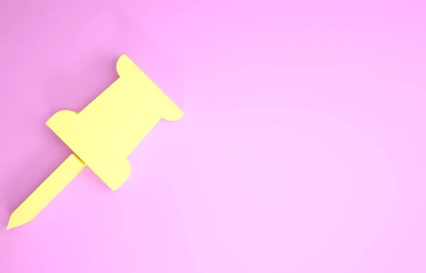 Yellow Push pin icon isolated on pink background. Thumbtacks sign. Minimalism concept. 3d illustration 3D render — Stock Photo, Image