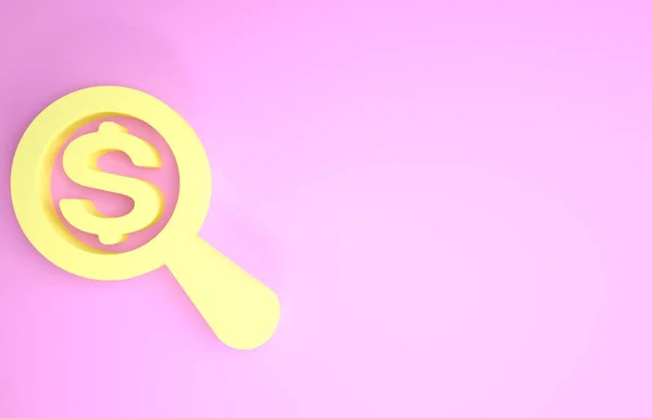 Yellow Magnifying glass and dollar icon isolated on pink background. Find money. Looking for money. Minimalism concept. 3d illustration 3D render — Stock Photo, Image