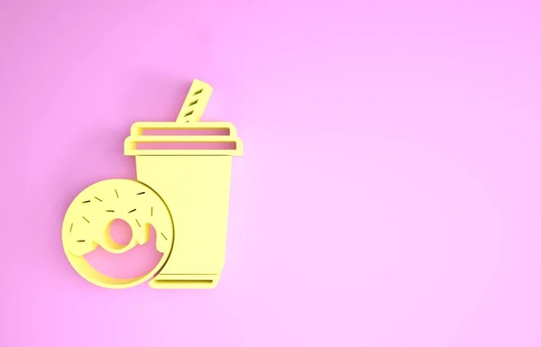 Żółty napój sodowy ze słomką i ikoną pączka na różowym tle. Symbol fast foodów. Koncepcja minimalizmu. Ilustracja 3d — Zdjęcie stockowe