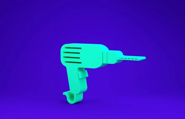 Green Drill machine icon isolated on blue background. Minimalism concept. 3d illustration 3D render — ストック写真
