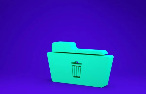 Hapus ikon folder hijau yang diisolasi pada latar belakang biru. Folder dengan recycle bin. Folder hapus atau galat. Tutup tanda folder informasi komputer. Konsep minimalisme. Tampilan 3D ilustrasi 3d — Stok Foto