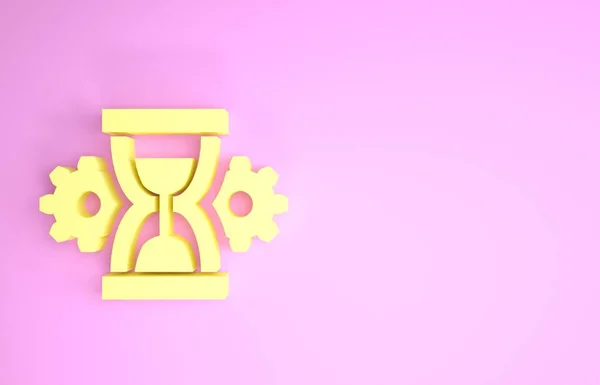 Żółta klepsydra i ikona przekładni na różowym tle. Symbol zarządzania czasem. Ikona zegara i przekładni. Symbol produktywności. Koncepcja minimalizmu. Ilustracja 3d — Zdjęcie stockowe
