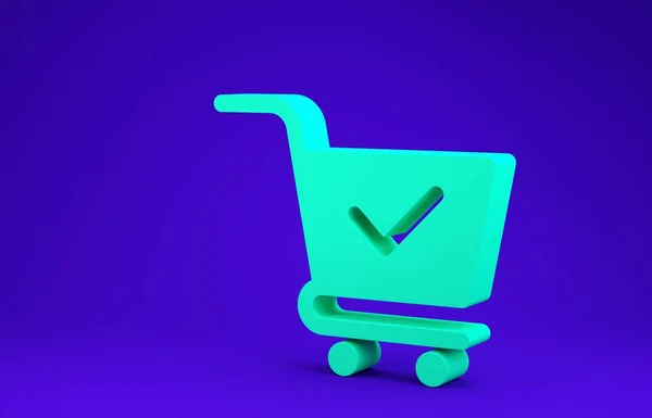 Zöld kosár ellenőrző jel ikon elszigetelt kék háttér. Bevásárlókosár jóváhagyott, megerősített, kész, pipa, kitöltött szimbólummal. Minimalizmus koncepció. 3d illusztráció 3d render — Stock Fotó