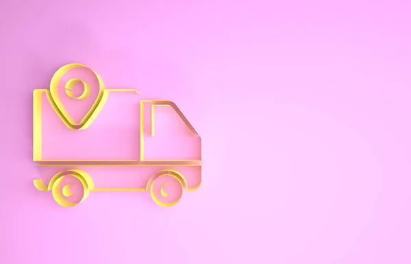 Желтый значок отслеживания доставки выделен на розовом фоне. Отслеживание посылок. Концепция минимализма. 3D-рендеринг — стоковое фото