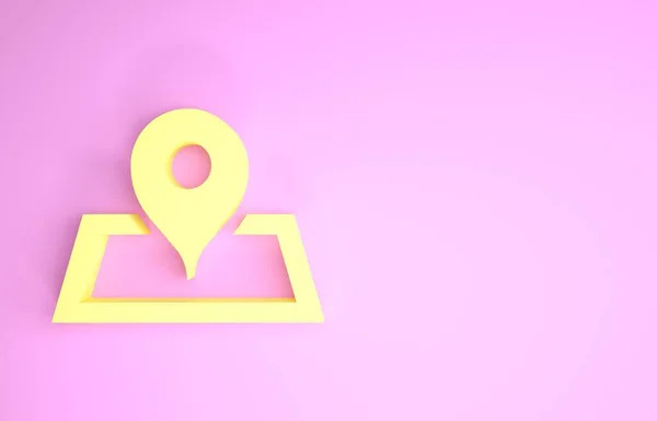 Żółty Placeholder na papierze mapy w ikonie perspektywy izolowane na różowym tle. Koncepcja minimalizmu. Ilustracja 3d — Zdjęcie stockowe