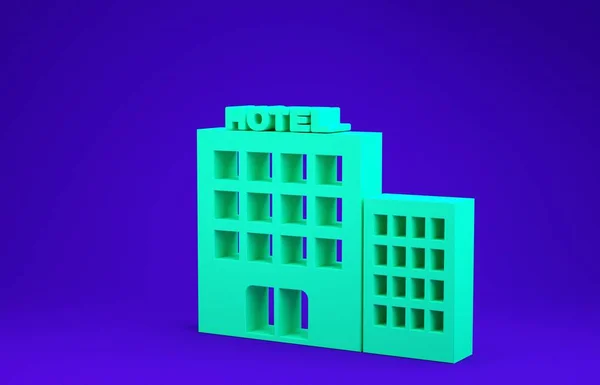 Icono del edificio Green Hotel aislado sobre fondo azul. Concepto minimalista. 3D ilustración 3D render —  Fotos de Stock