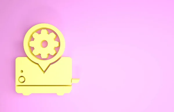 Gele broodrooster en versnelling pictogram geïsoleerd op roze achtergrond. Aanpassen app, service concept, instelling opties, onderhoud, reparatie, vaststelling. Minimalisme concept. 3d illustratie 3d renderen — Stockfoto