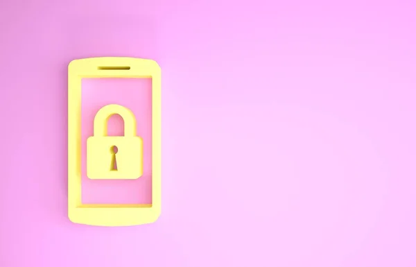 Smartphone kuning dengan ikon gembok tertutup diisolasi pada latar belakang merah muda. Telepon dengan kunci. Keamanan bergerak, keamanan, konsep perlindungan. Konsep minimalisme. Tampilan 3D ilustrasi 3d — Stok Foto