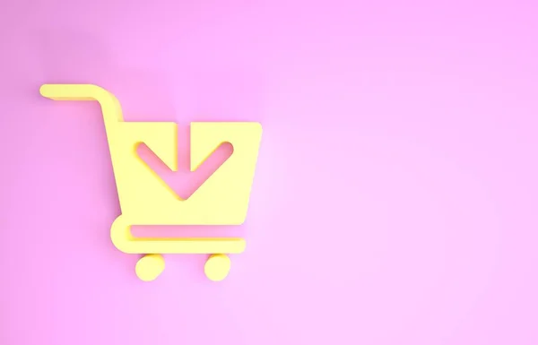 Κίτρινη Προσθήκη στο καλάθι αγορών εικονίδιο απομονωμένο σε ροζ φόντο. Online αγοραστική ιδέα. Υπογραφή υπηρεσίας παράδοσης. Σύμβολο καλάθι σούπερ μάρκετ. Μινιμαλιστική έννοια. 3D απεικόνιση 3d καθιστούν — Φωτογραφία Αρχείου