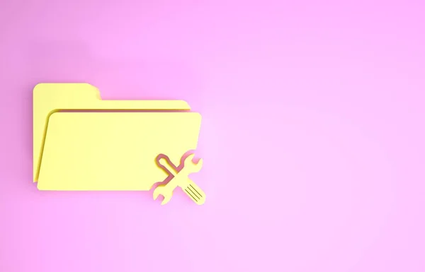 Κίτρινος φάκελος με κατσαβίδι και κλειδί εικονίδιο που απομονώνεται σε ροζ φόντο. Ρύθμιση, συντήρηση, ρύθμιση, συντήρηση, επισκευή, στερέωση. Μινιμαλιστική έννοια. 3D απεικόνιση 3d καθιστούν — Φωτογραφία Αρχείου