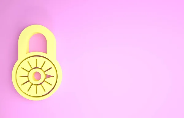 Yellow Safe combination lock wheel icon isolated on pink background. Combination padlock. Security, safety, protection, password, privacy. Minimalism concept. 3d illustration 3D render — 스톡 사진