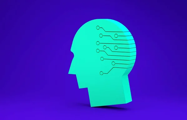 Green Human brain as digital circuit board icon isolated on blue background. Artificial Intelligence. Human head outline with circuit lines inside. Minimalism concept. 3d illustration 3D render