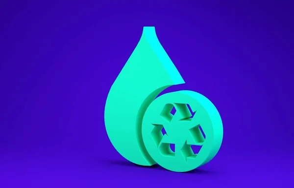 Green Recycle clean aqua icon isolated on blue background. Drop of water with sign recycling. Minimalism concept. 3d illustration 3D render