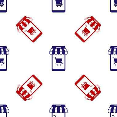 Mavi ve kırmızı cep telefonu ve çizgili tente ikonlu alışveriş arabası beyaz arka planda izole edilmiş pürüzsüz desen. İnternetten satın alma sembolü. Süpermarket sepeti sembolü. Vektör İllüstrasyonu