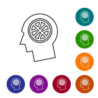 Beyaz arka planda izole edilmiş bir basketbol ikonu üzerindeki gri çizgi düşünceleri. Simgeleri renk daire düğmelerine ayarla. Vektör İllüstrasyonu