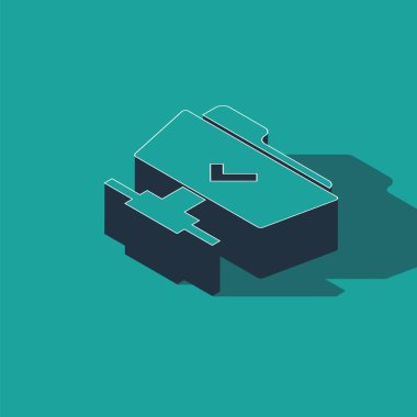 Isometric Ftp işlemi yeşil arkaplanda izole edilmiş başarılı simge. Yazılım güncellemesi, transfer protokolü, takım çalışması araç yönetimi, kopyalama süreci. Vektör İllüstrasyonu