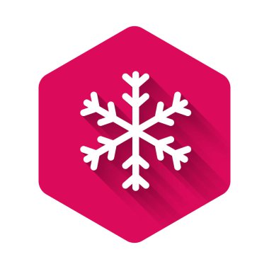 Beyaz Kar Tanesi simgesi uzun gölgeli izole edilmiş. Pembe altıgen düğmesi. Vektör İllüstrasyonu