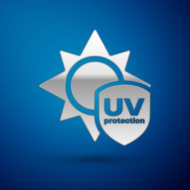 Gümüş Uv koruma simgesi üzerinde mavi arka plan izole. Güneş ve kalkan. Ultra mor ışınları radyasyon. SPF Paz Üye. Vektör çizim