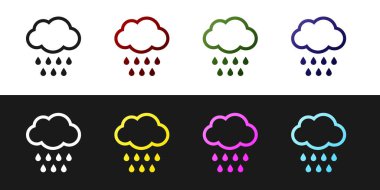 Bulut 'u yağmur simgesiyle siyah beyaz arkaplanda izole et. Yağmur damlaları ile yağmur bulutu yağışı. Vektör İllüstrasyonu