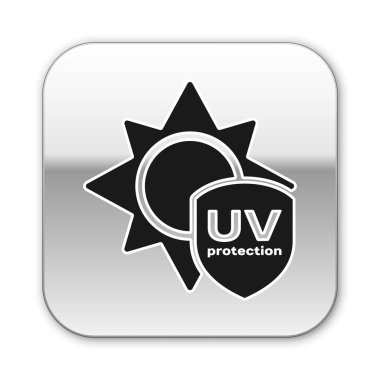 Siyah Uv koruma simgesi beyaz arka plan üzerinde izole. Güneş ve kalkan. Ultraviyole ışınları radyasyon. Spf güneş işareti. Gümüş kare düğme. Vektör İllüstrasyonu