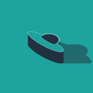 Isometric Ufo uçan uzay gemisi simgesi yeşil arkaplanda izole edildi. Uçan daire. Uzaylı uzay gemisi. Gelecekteki bilinmeyen uçan nesne. Vektör İllüstrasyonu
