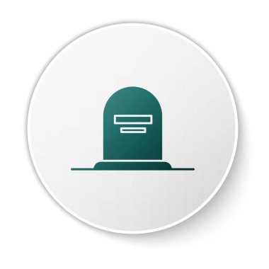 Üzerinde Rip yazan yeşil Tombstone resmi beyaz arkaplanda izole edilmiş. Mezar ikonu. Beyaz daire düğmesi. Vektör İllüstrasyonu