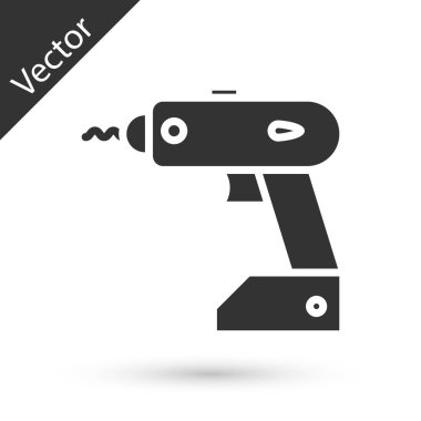 Gri Elektrik kablosuz tornavida simgesi beyaz arkaplanda izole edildi. Elektrikli matkap. Tamir aleti. Vektör İllüstrasyonu