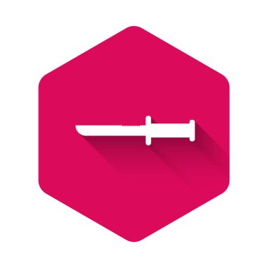 Uzun gölgeli beyaz askeri bıçak ikonu. Pembe altıgen düğmesi. Vektör İllüstrasyonu