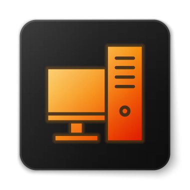 Turuncu parlayan neon bilgisayar monitörü simgesi beyaz arkaplanda izole edildi. Bilgisayar bileşeni işareti. Siyah kare düğme. Vektör İllüstrasyonu