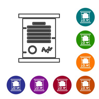 Gri çizgi kararnamesi, kağıt, parşömen, parşömen simgesi beyaz arkaplanda izole edilmiş. Simgeleri renk daire düğmelerine ayarla. Vektör İllüstrasyonu